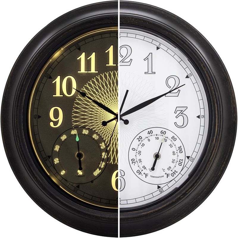NESIFEE 18 Inch Illuminated Indoor Outdoor Clock Waterproof with Thermometer Hygrometer Smart Sensor Large Black Metal Wall Clocks Battery Operated for Patio, Garden, Living Room, Bedroom, Pool, Porch - Image 1